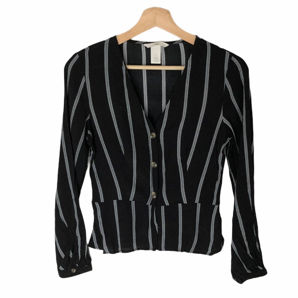 H&M Black Gray Stripes Peplum Shirt Size 4 or S